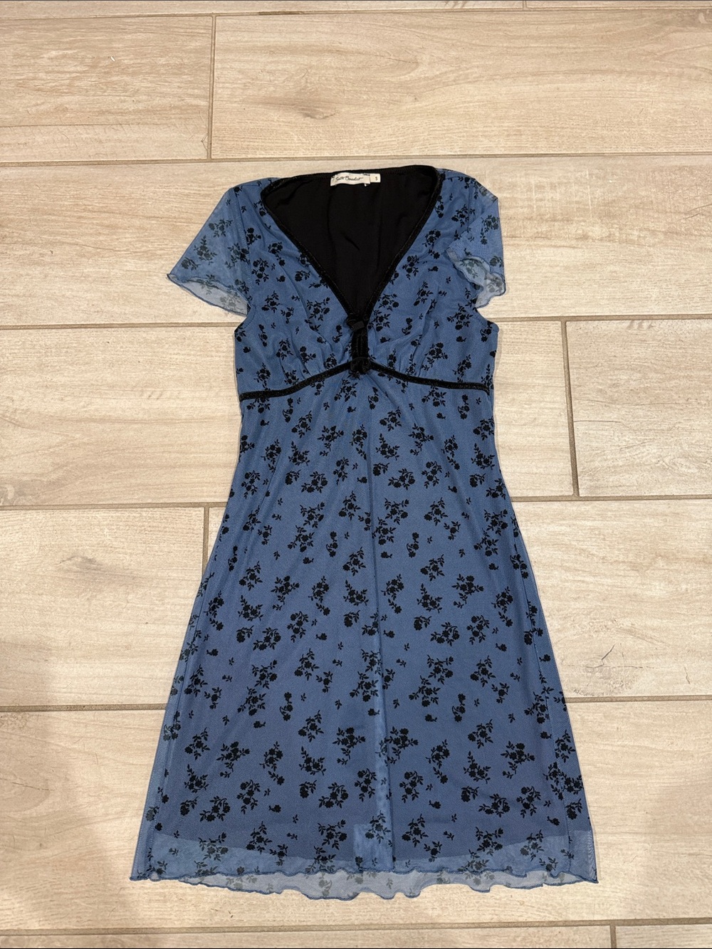 Blue Floral Mesh Midi Dress with Black Trim